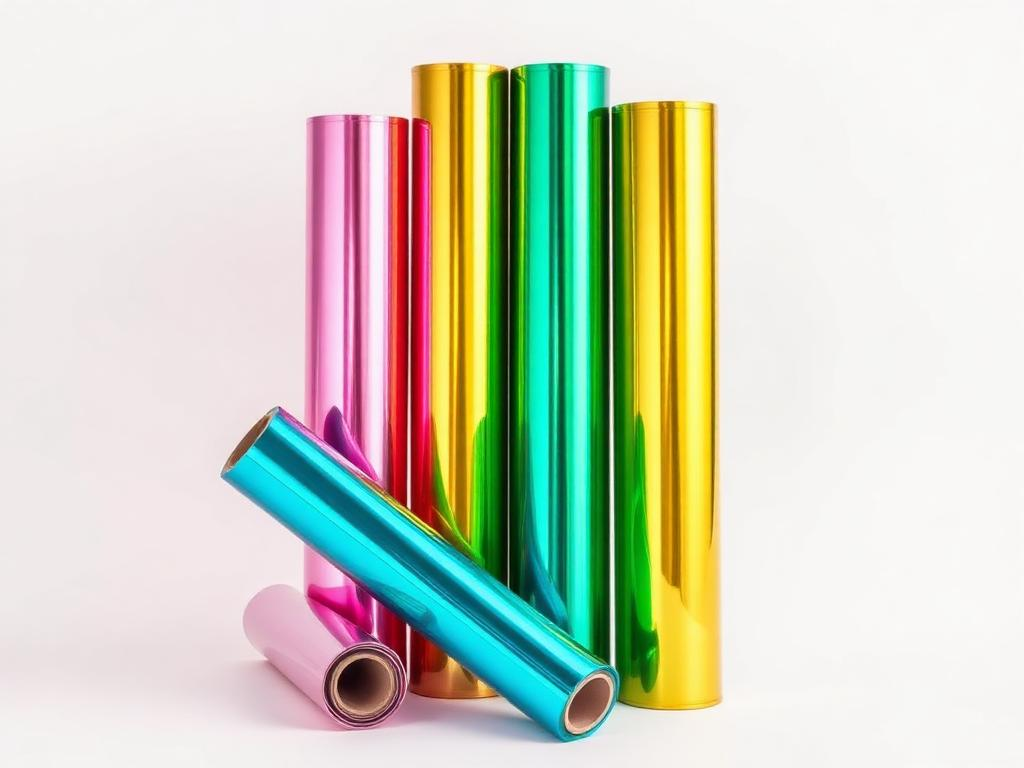 Vibrant colorful metallic stamping foil rolls in pink, blue, green, and yellow for creative packaging design and custom digital printing.