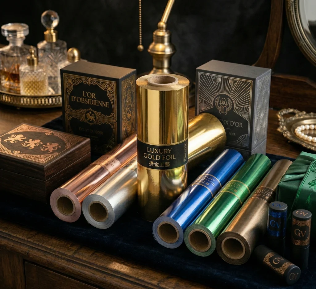 A comprehensive collection of premium hot stamping foil applications for luxury cosmetic packaging.