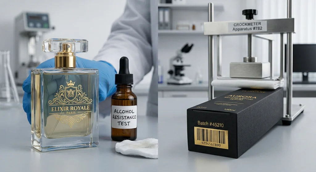 Close-up shot demonstrating the durability of gold digital foil on cosmetic packaging, passing both alcohol resistance and rub/scratch tests without any degradation, in a quality control laboratory setting.