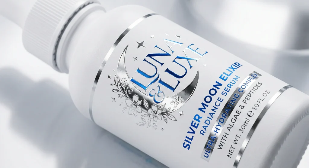 High-end digital silver foil applied to smooth synthetic paper label, showcasing maximum metallic brilliance and mirror-like reflection.