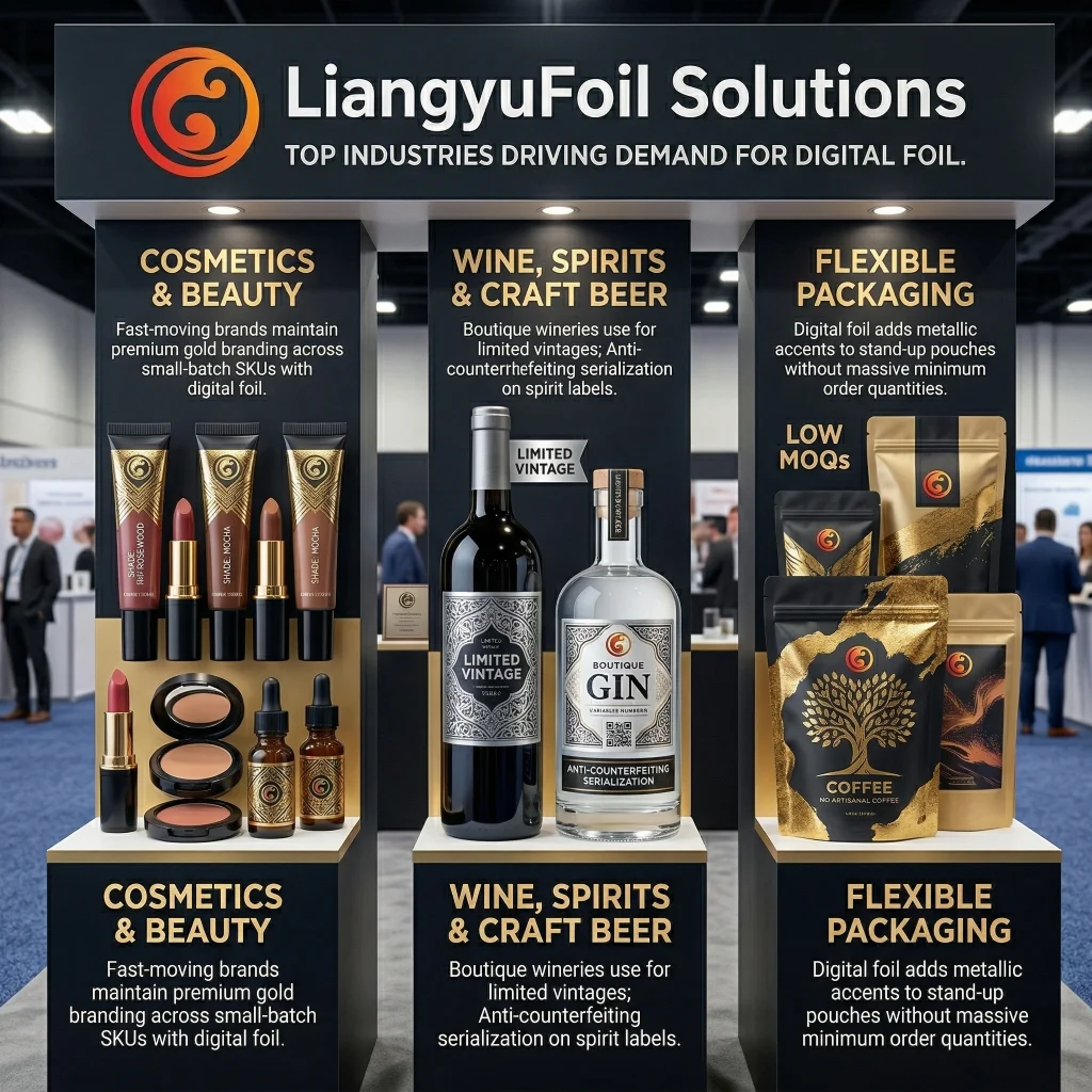 LiangyuFoil trade show booth displaying digital foil sleeking for cosmetics, spirits, and flexible packaging.