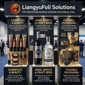LiangyuFoil trade show booth displaying digital foil sleeking for cosmetics, spirits, and flexible packaging.