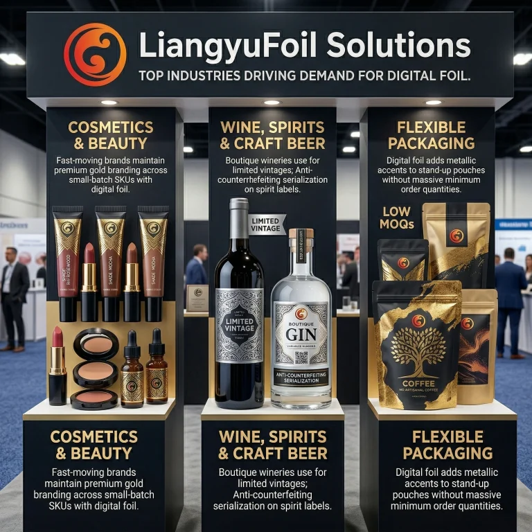 Digital Sleeking Foil: The Future of Die-Less Custom Packaging 1 LiangyuFoil trade show booth displaying digital foil sleeking for cosmetics, spirits, and flexible packaging.