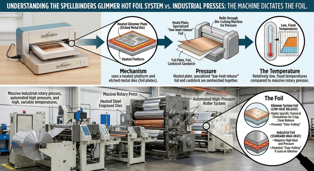 Technical infographic diagram contrasting the Spellbinders Glimmer desktop system mechanism with traditional industrial hot stamping presses.