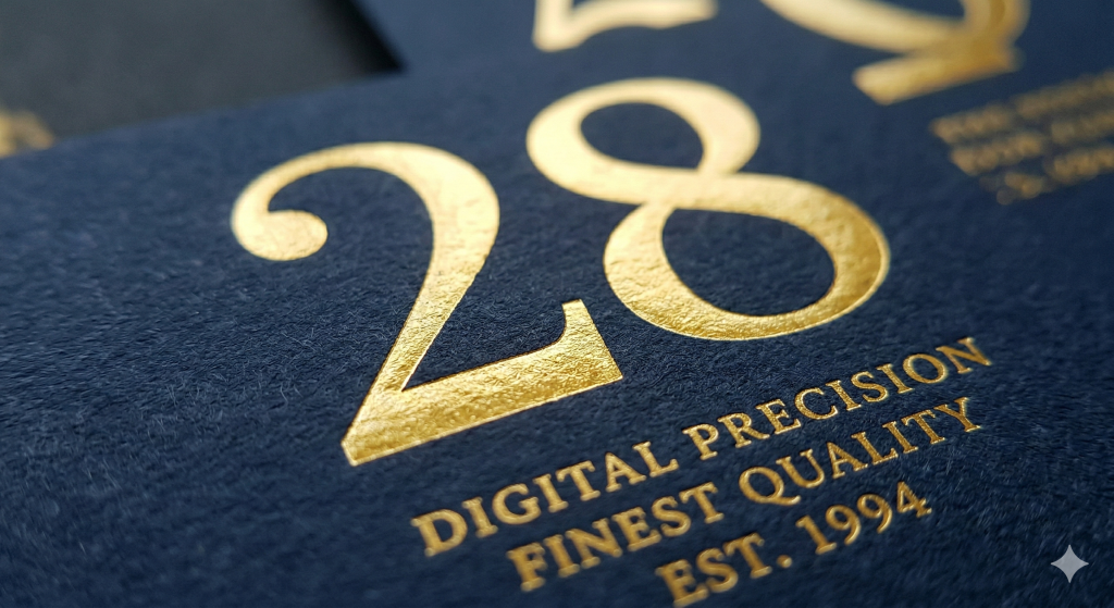 Macro shot of high-precision digital gold foil on textured paper, showing the fine details of premium label stamping quality by Liangyu Foil.