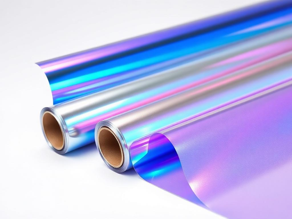 Holographic transparent stamping foil rolls with iridescent blue and purple color-shifting effects for luxury brand protection.
