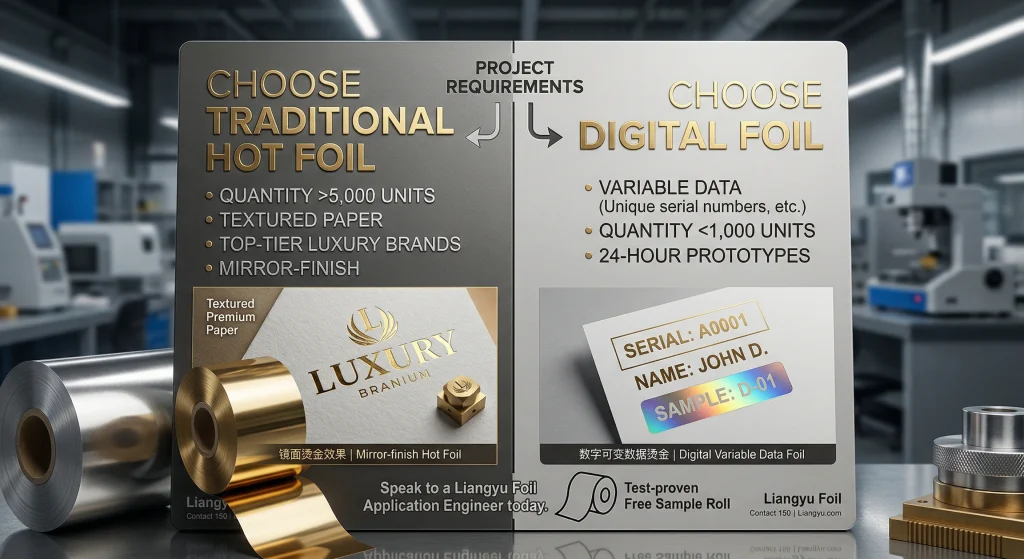 Decision matrix comparing digital foil versus traditional hot foil for custom labeling projects, showing traditional mirror-finish and digital variable data options.