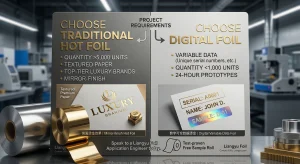 Decision matrix comparing digital foil versus traditional hot foil for custom labeling projects, showing traditional mirror-finish and digital variable data options.