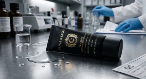 Matte black cosmetic tube featuring highly reflective gold hot stamping foil, resting on a lab table next to a liquid splash, showcasing premium packaging craftsmanship and durability