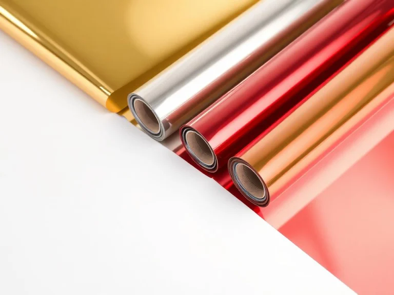 Assorted metallic hot stamping foil rolls in bright gold, silver, and red colors for premium label printing.