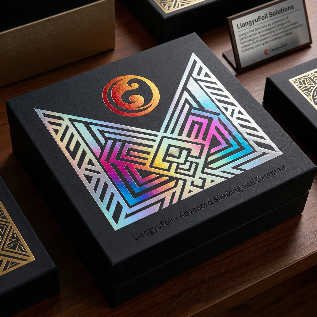 Professional close-up of custom print sample with holographic foil and CMYK overprint, showcasing unique metallic color effects.