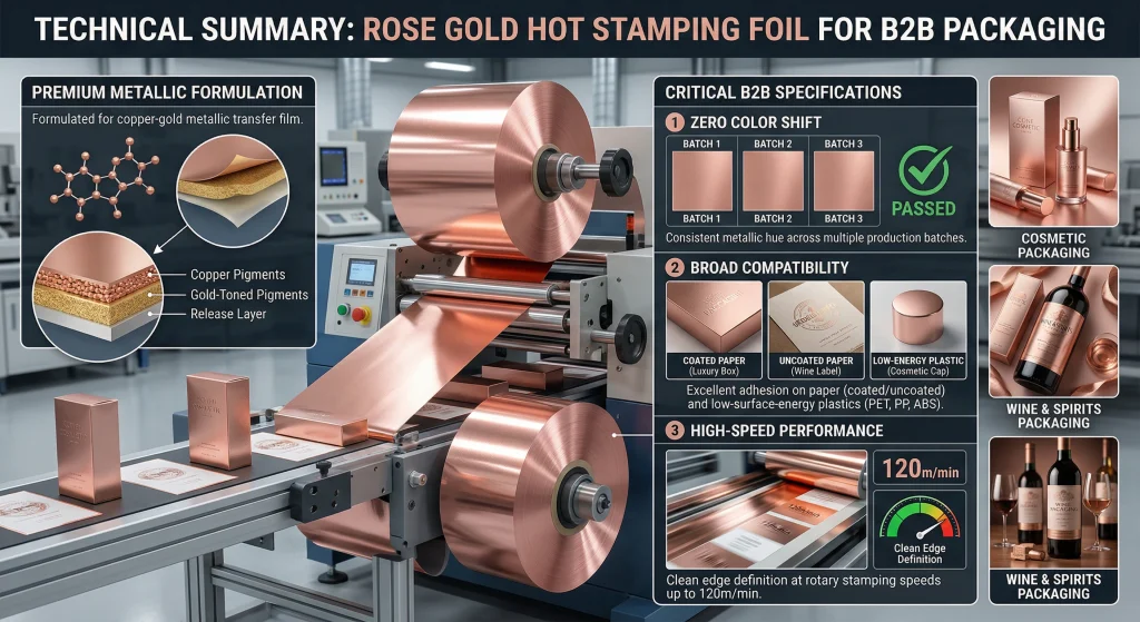 Industrial infographic of a rotary hot stamping press applying consistent, high-speed rose gold foil to B2B packaging