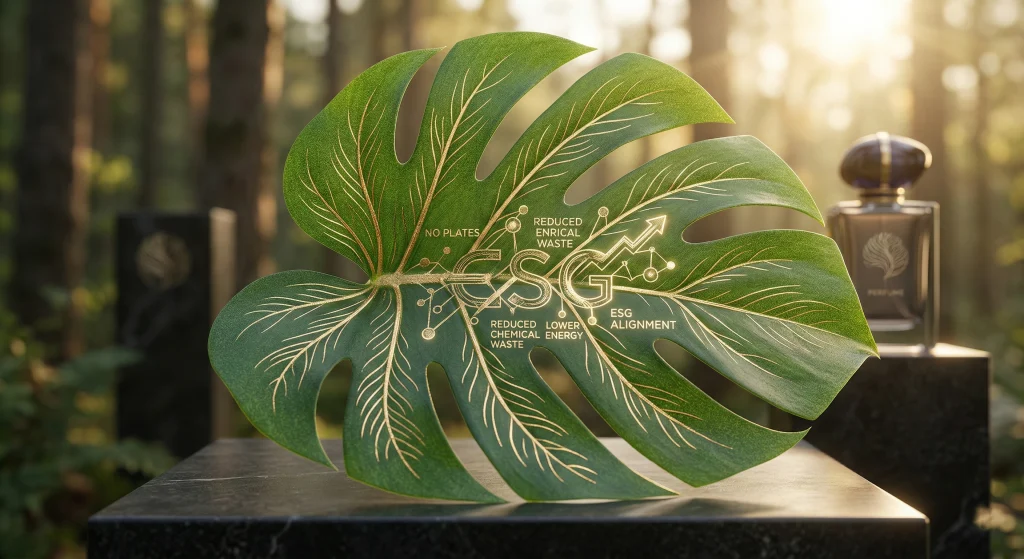 A modern eco-friendly digital foil press machine in a sun-lit facility surrounded by green plants, representing sustainable luxury packaging and reduced chemical waste for ESG goals.