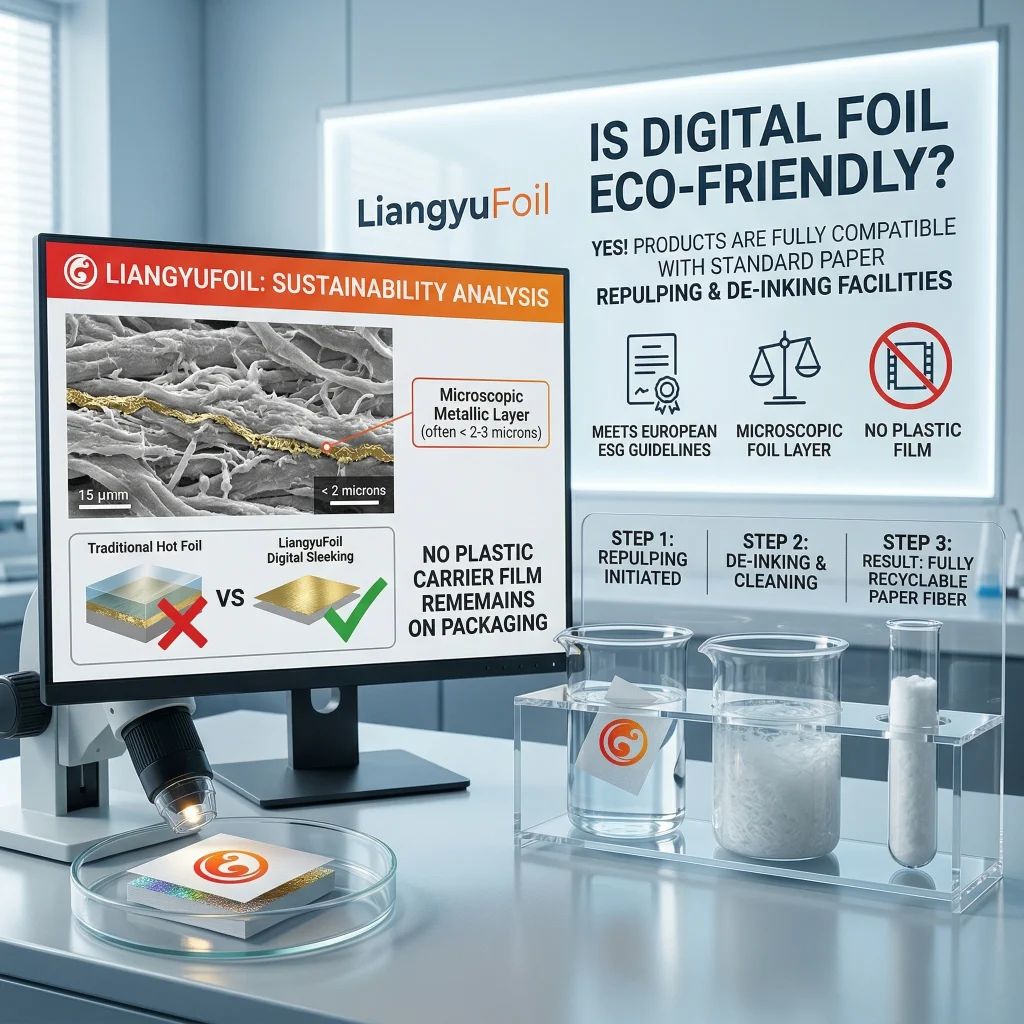 Technical photograph of a microscope and recycling sequence, proving digital foil is fully compatible with paper recycling.