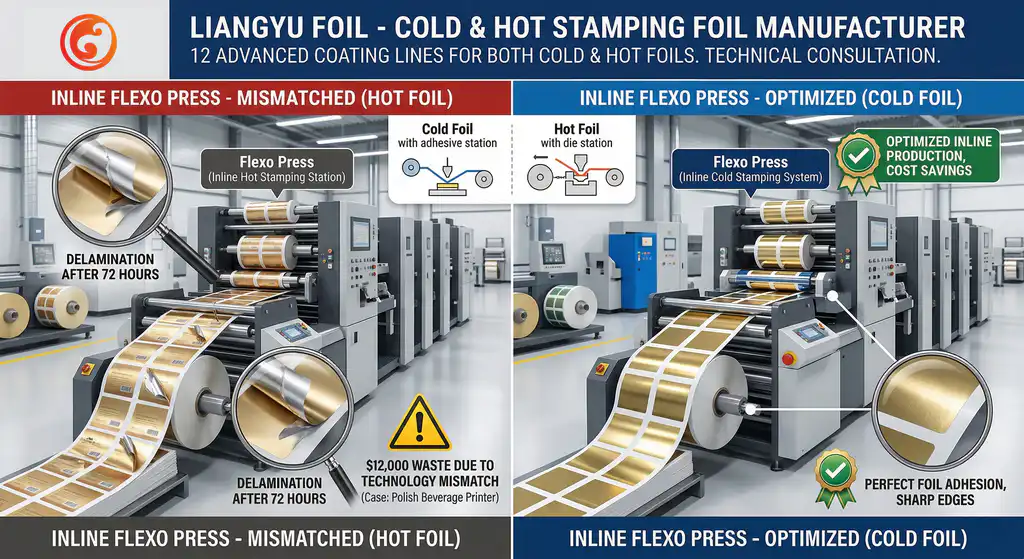 A technical diagram comparing perfect inline cold foil application on a flexo press versus delaminated hot foil application on the same press, illustrating technology mismatch.