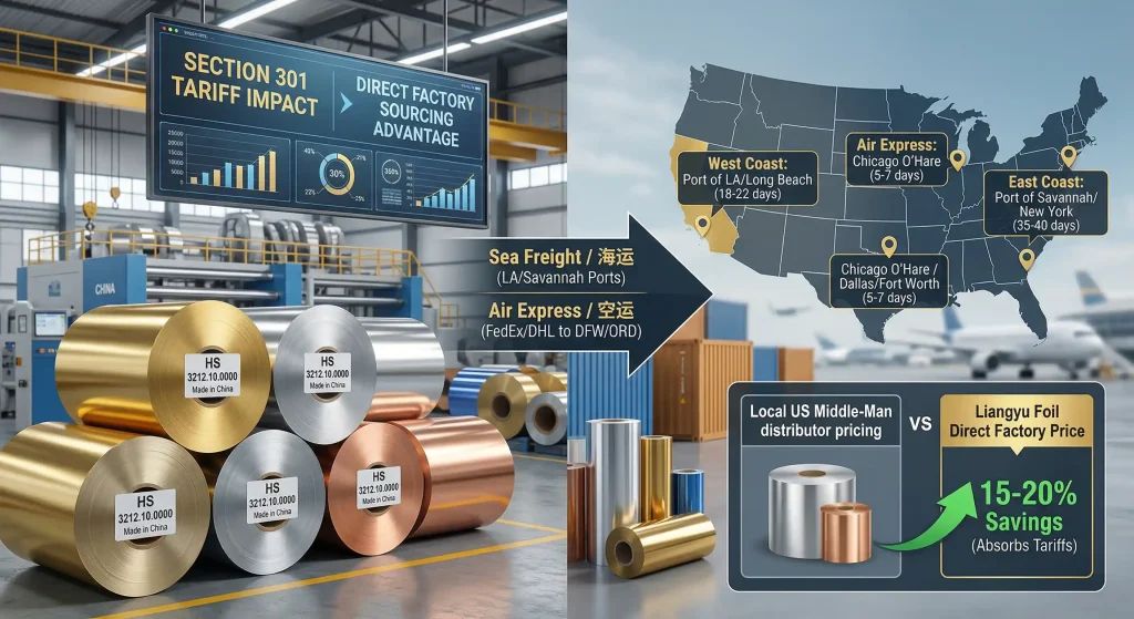 Professional B2B photograph showing direct sourcing of hot stamping foils to USA to offset Section 301 tariffs, with logistics map.