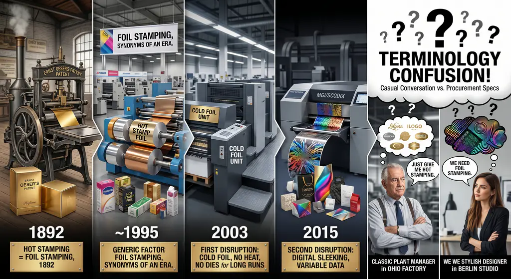 history foil stamping vs hot stamping terminology