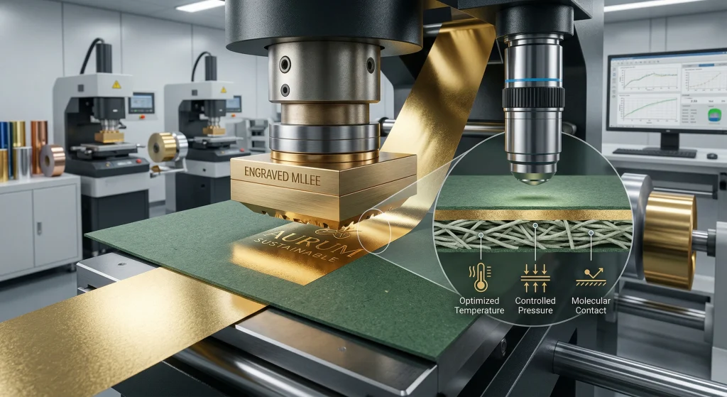 Technical photograph of hot stamping gold foil onto textured recycled paper, with an interface overlay illustrating adhesion physics.