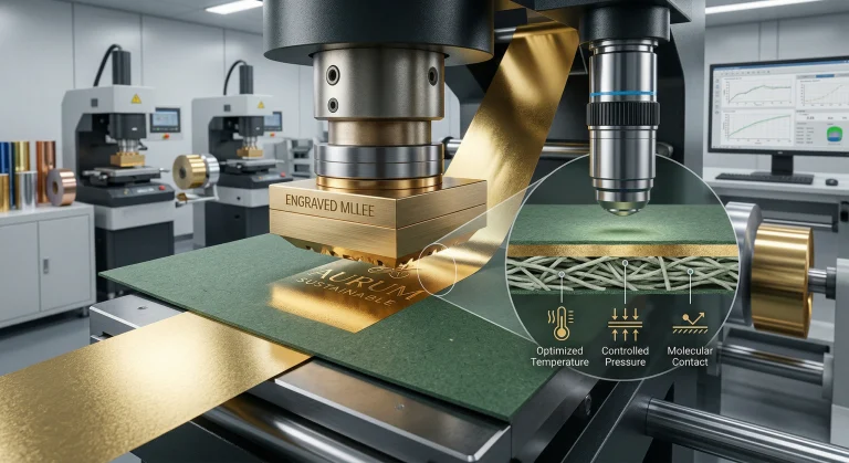 Hot Stamping Process: The 2026 Technical Guide to Perfection 7 Technical photograph of hot stamping gold foil onto textured recycled paper, with an interface overlay illustrating adhesion physics.