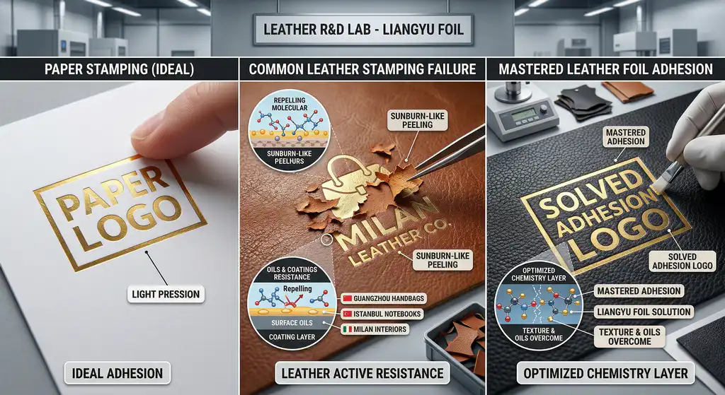 A triptych photograph comparing ideal paper foil stamping to common leather failure with sunburn-like peeling and a solved, mastered adhesion solution