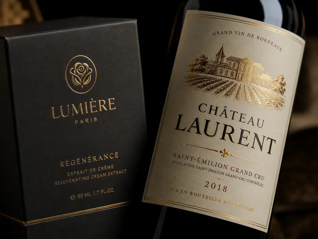 Premium labels and packaging with satin gold foil printing on cosmetic and wine products