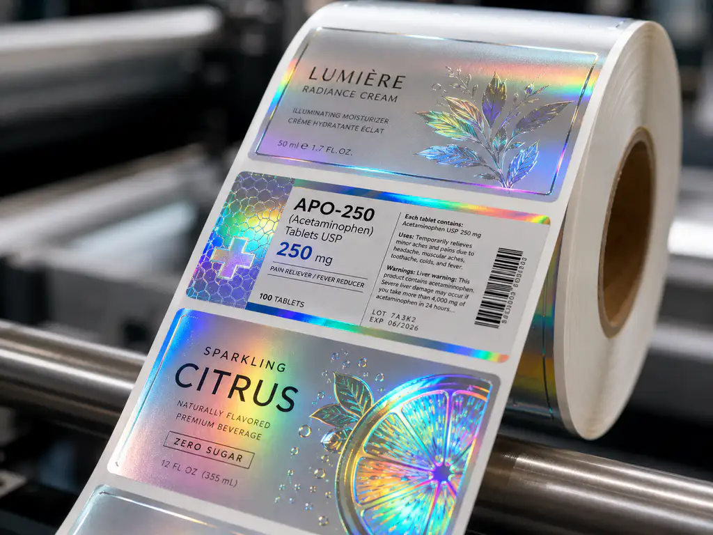 Holographic cold foil on premium labels with rainbow security pattern