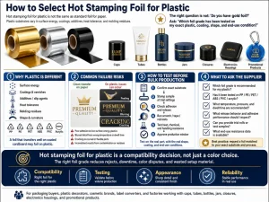 Hot stamping foil for plastic on PP caps, PET bottles, and ABS packaging components.