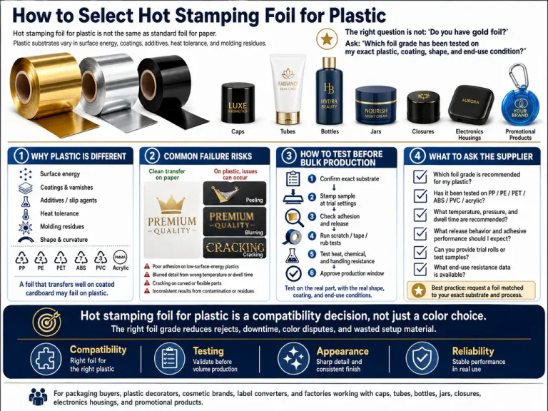 Hot stamping foil for plastic on PP caps, PET bottles, and ABS packaging components.