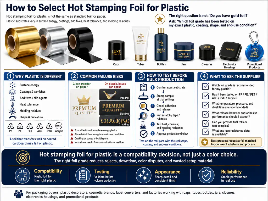 Hot stamping foil for plastic on PP caps, PET bottles, and ABS packaging components.