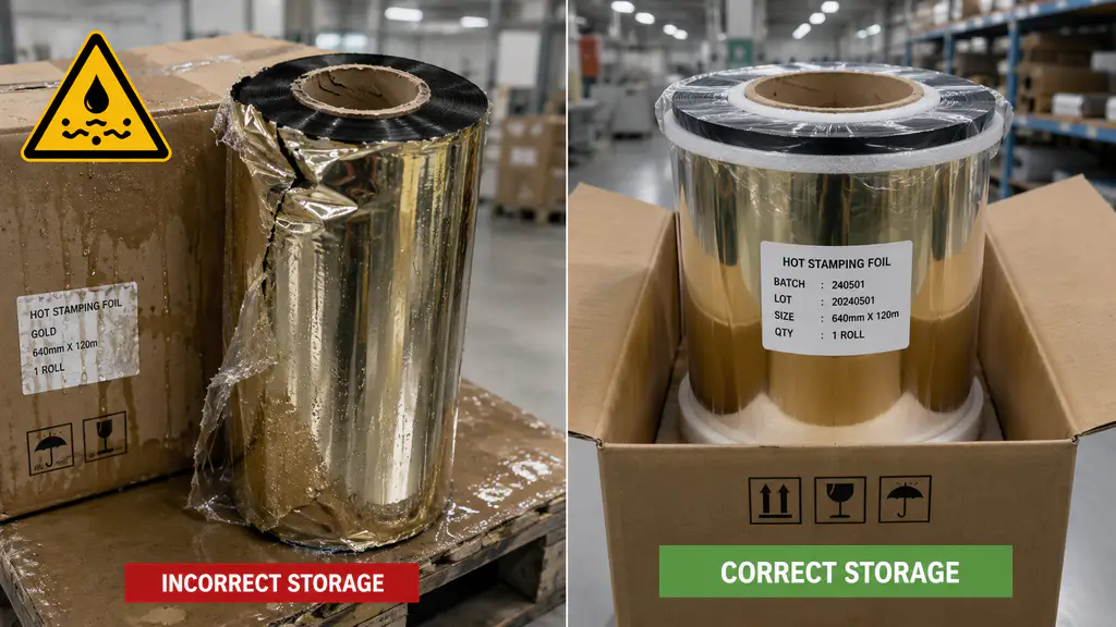 Hot stamping foil roll storage comparison showing damaged and protected rolls