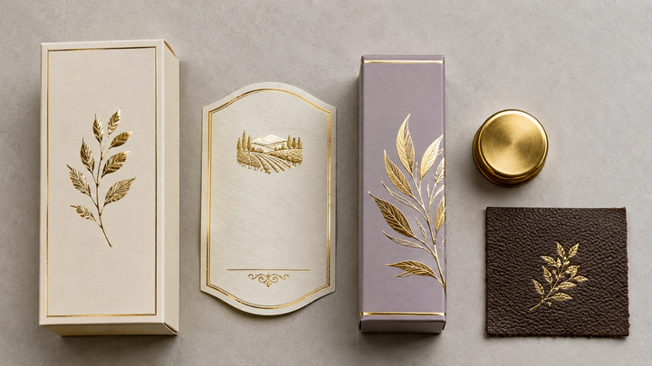 Gold foil printing on paperboard labels plastic packaging leather and cosmetic boxes