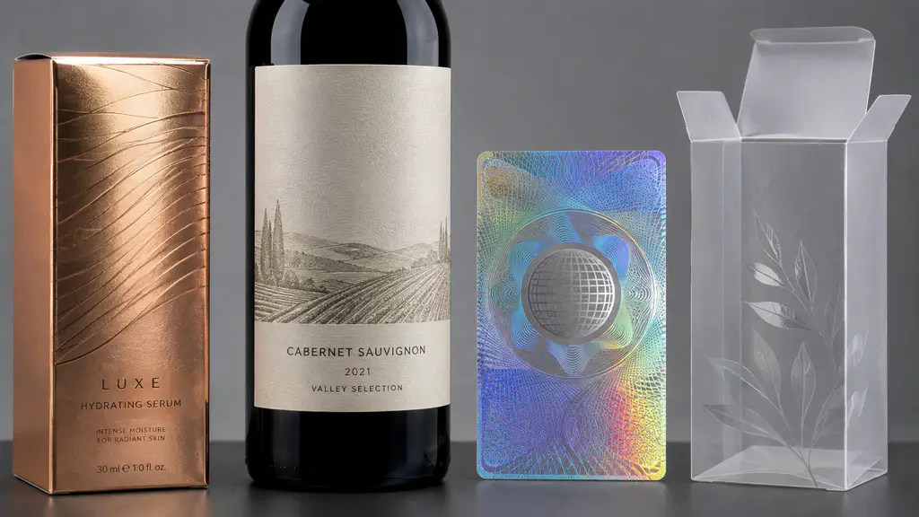 Hot stamping foil color and finish samples for cosmetic cartons wine labels and premium packaging