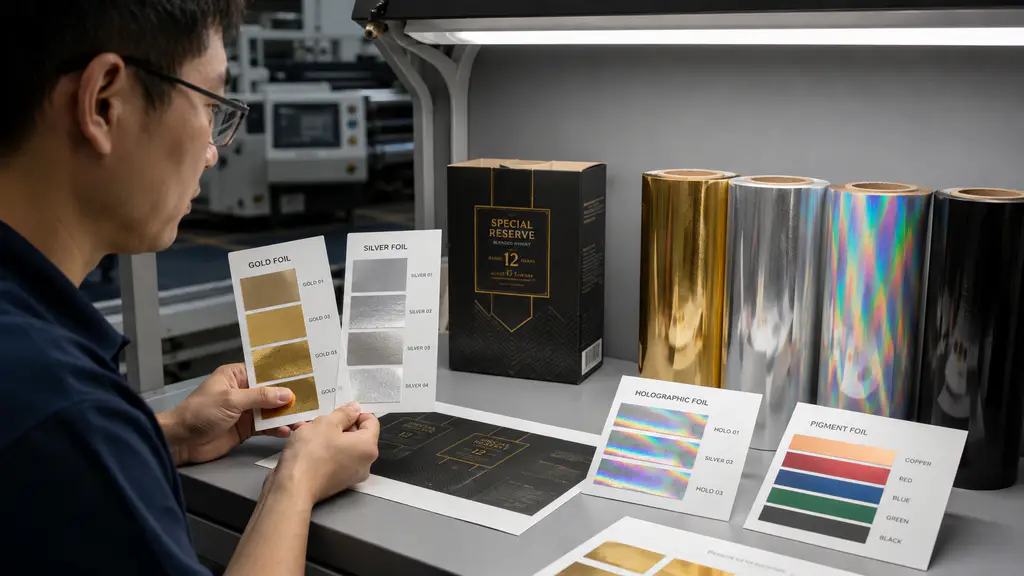 Hot stamping foil color sample quality control with metallic holographic and pigment foil rolls