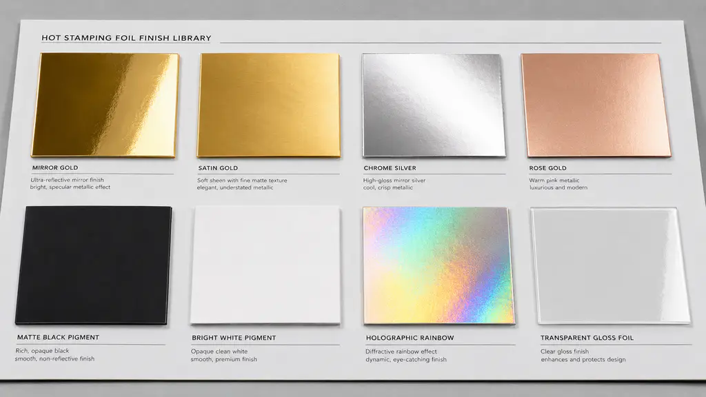 Hot stamping foil finish and color library with metallic pigment holographic and transparent foil swatches
