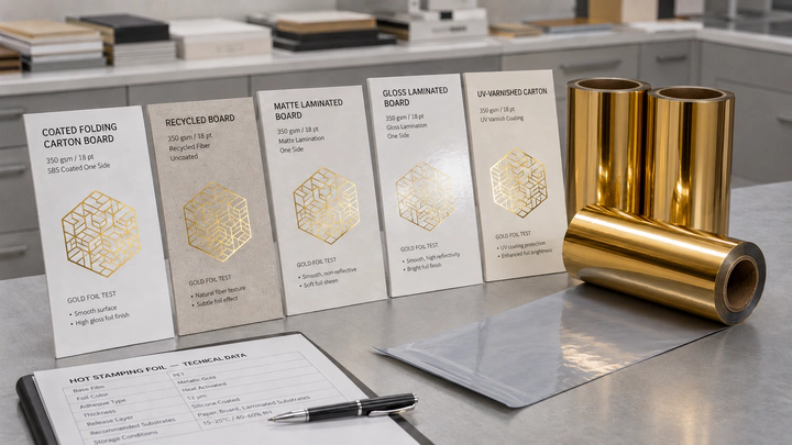 How to Choose the Right Hot Stamping Foil Grade for Paperboard 1 Hot stamping foil grade for paperboard selection with coated recycled and laminated board samples