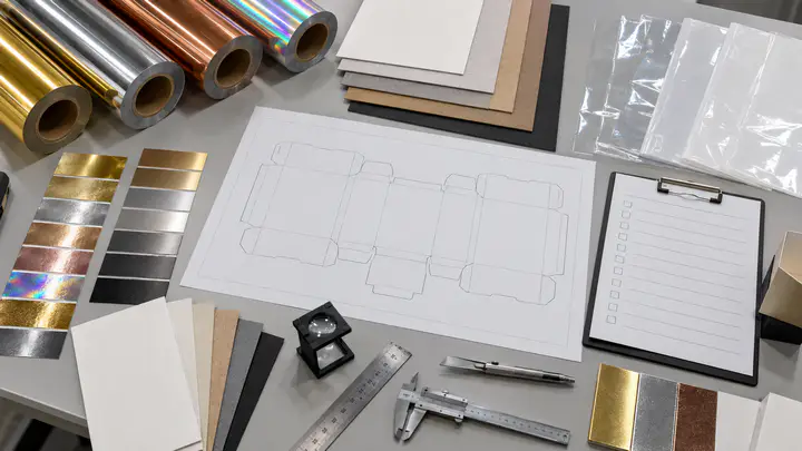 Hot stamping foil specification inputs including substrate artwork die and sample test details
