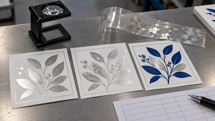 Cold foil label samples checked for solid coverage, fine detail and overprint adhesion