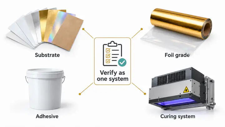 UV flexo cold foil system matching adhesive, foil grade, curing lamp and label substrate
