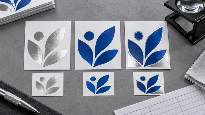 Matched cold foil overprint adhesion panels with unprinted silver foil, blue ink on plain stock and blue ink over silver foil